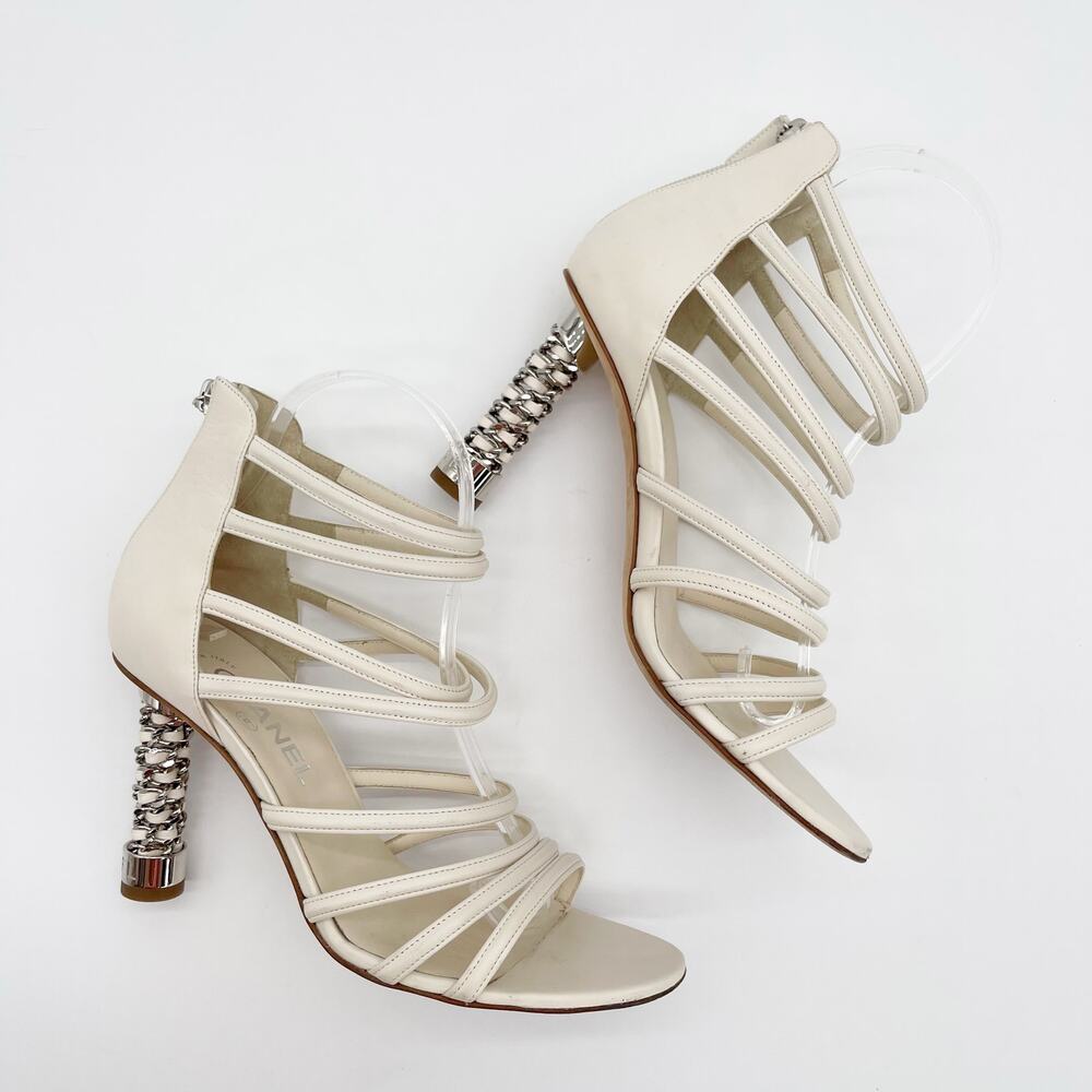 Chanel Ivory Leather Caged Coco Tower Chain Link Heel Ankle Zip Sandals EU 39 - Picture 4 of 12
